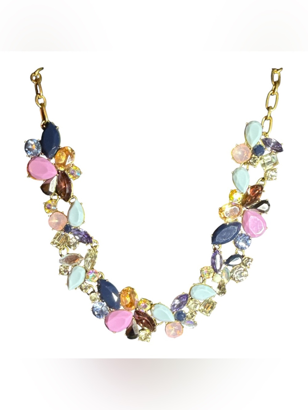 J.Crew Colorful Crystal Floral Statement Bib Necklace Gold Tone EUC - Picture 4 of 6